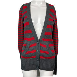 American‎ Eagle AEO Cardigan Womens Sz XS Red Gray Striped Varsity Wool Sweater